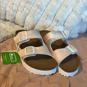 Birkenstock Vegan Sandals in Pink and White